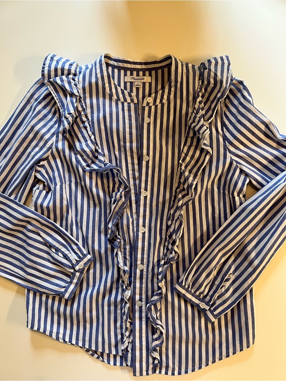 Women’s' Blue and White Striped Ruffle Button-Up Top